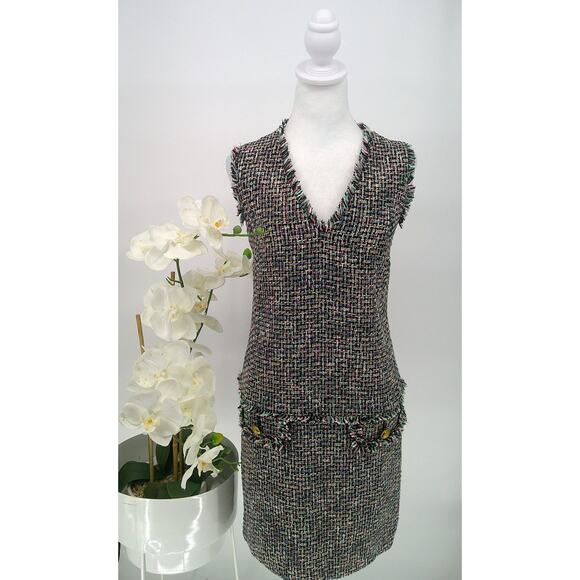 J.Crew Womens Multicolor Tweed V-Neck Fringe Trim and Pockets Shift Dress Size 6 - Picture 1 of 11